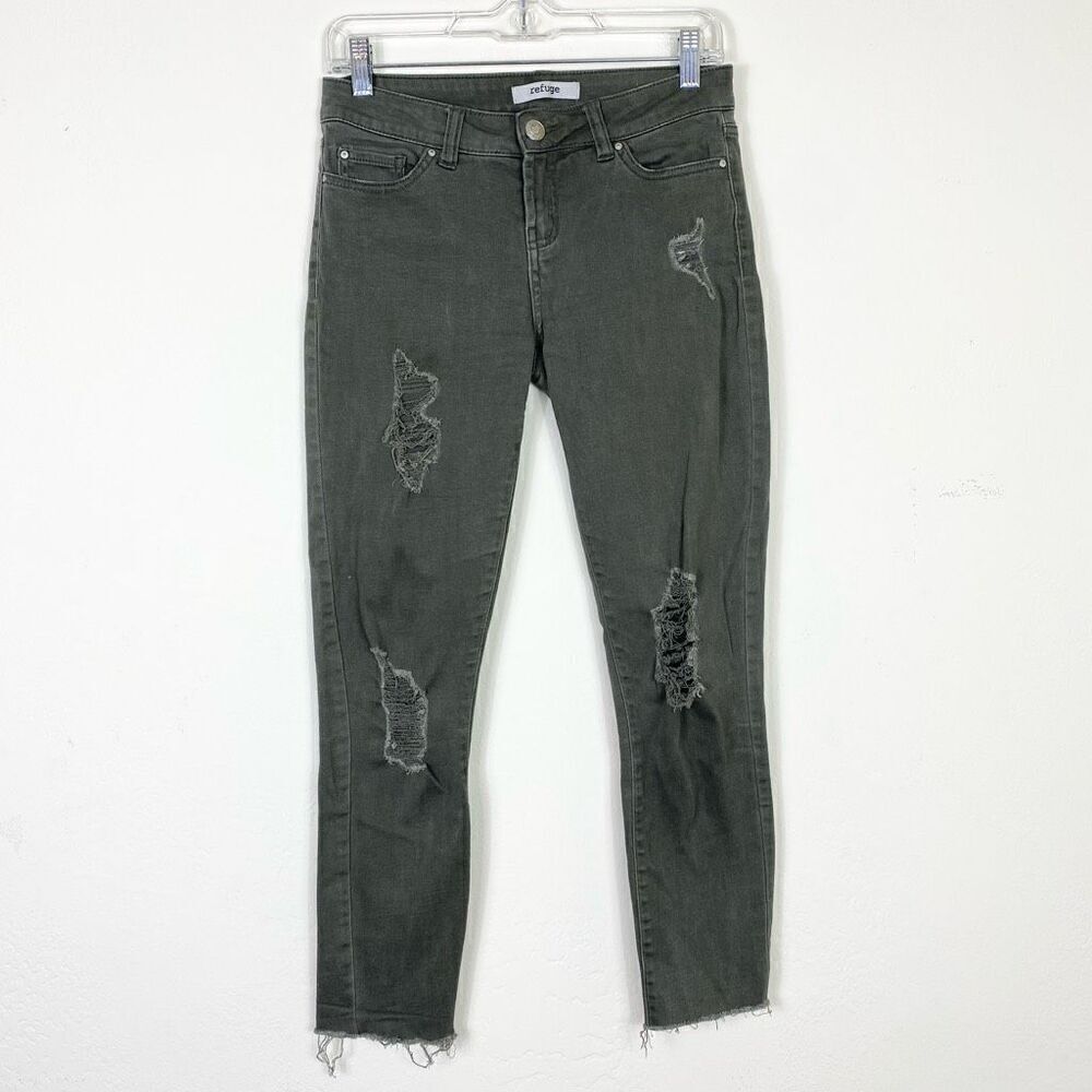 Refuge Army Green Mid Rise Distressed Ripped Raw Hem Skinny Jeans Size 0